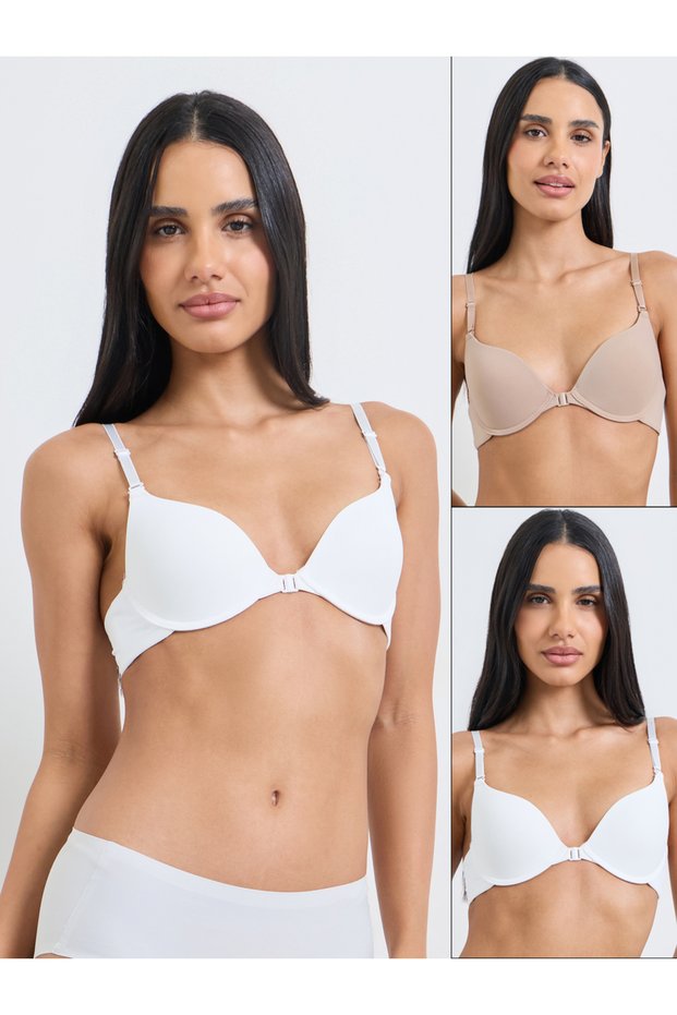 Pack of 2 - Padded Wired Front Clasp Plunge Bra