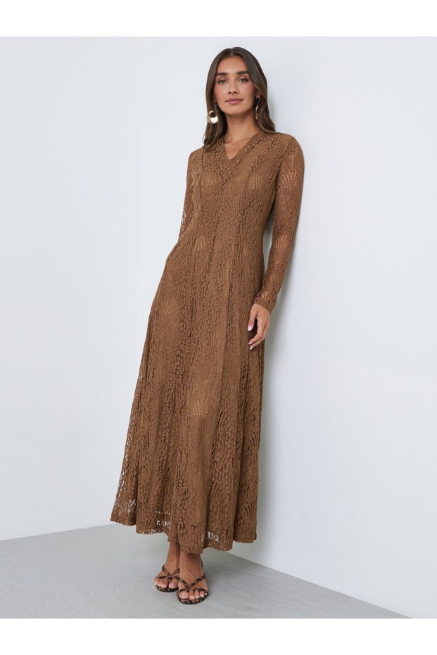 Brown Lace Long Sleeves A-Line Maxi Dress