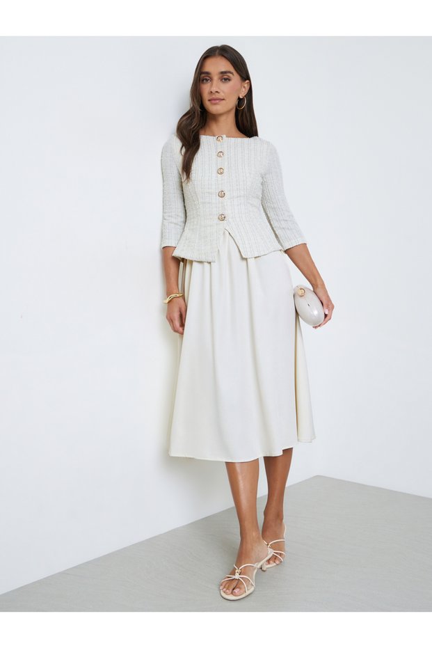 Off-White Tweed-Look Midi Dress with 3/4 Sleeves