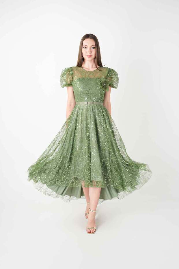 Lace Sequin Fabric Balloon Sleeve Dress - Khaki Green