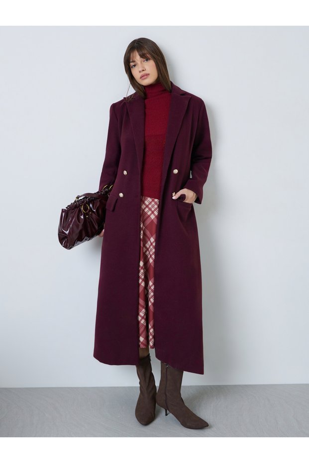 Burgundy Slim Fit Midi Wool-Like Coat