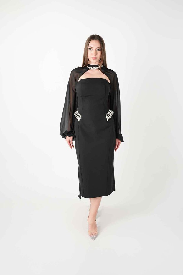 Double Fabric Strapless Pencil Dress with Bolero Detail - Black