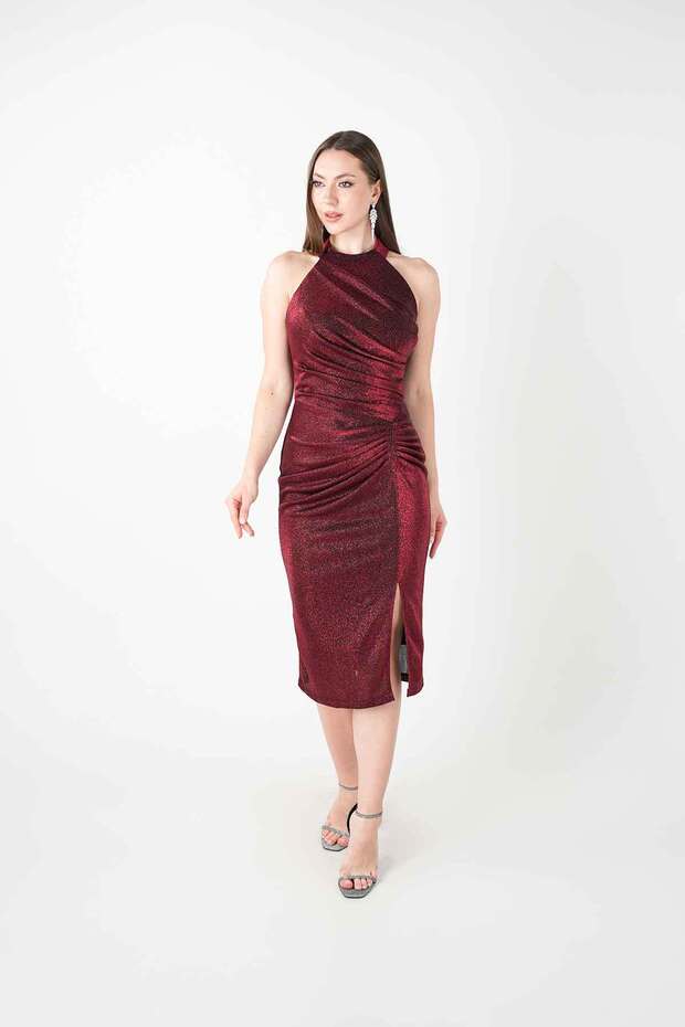 Glittery Fabric Drawstring Detailed Pencil Dress - Bordo