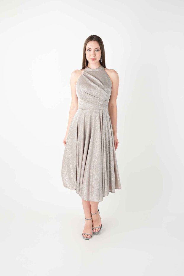 Glittery Fabric Halter Neck Midi Dress - Beige