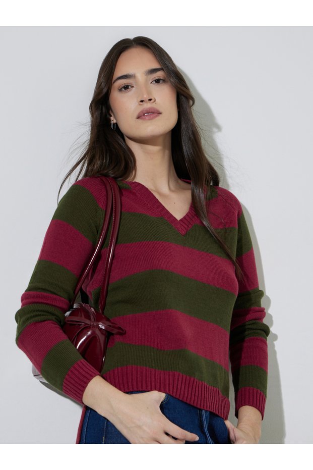 Multi-Color Striped V-Neck Long Sleeves Sweater