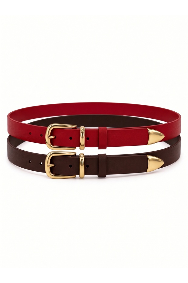 Genuine Leather Women's Belt with Gold Buckle and Metal Tips - 3 cm Belt for Jeans and Cloth Pants