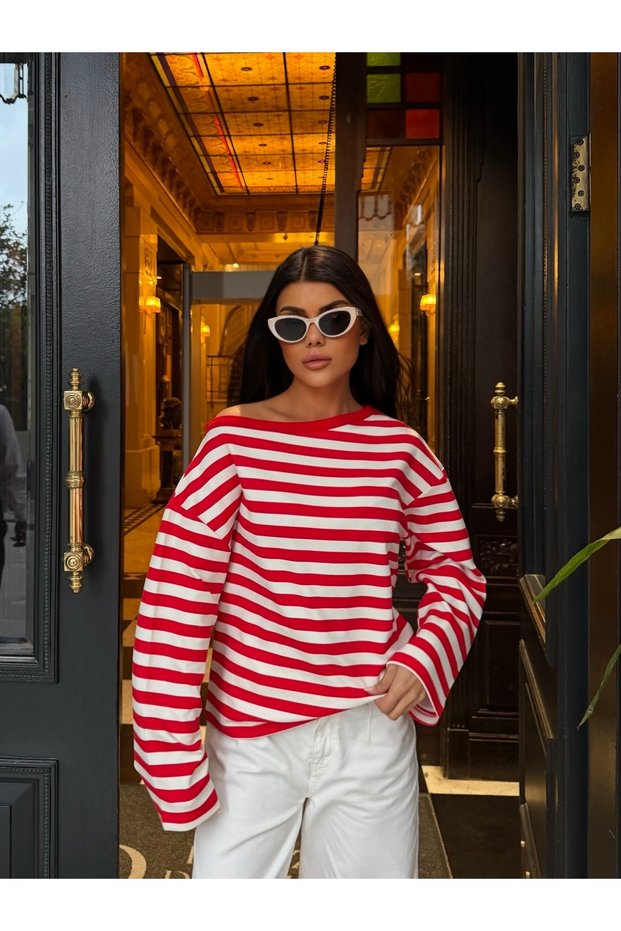 Women's Red Striped Off-Shoulder Oversize Blouse