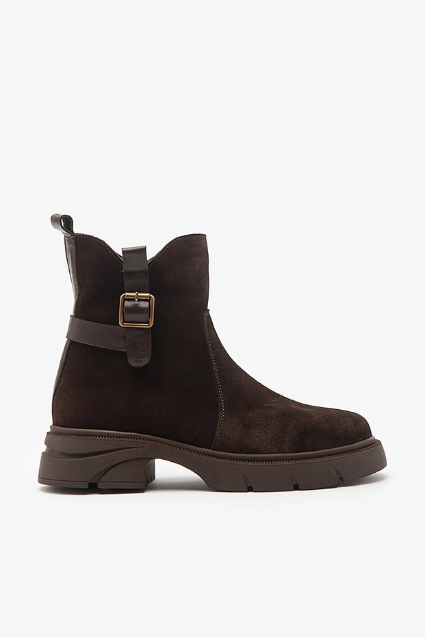 Coffee-Brown Suede Genuine Leather Buckled Women's Boots with Thick Soles