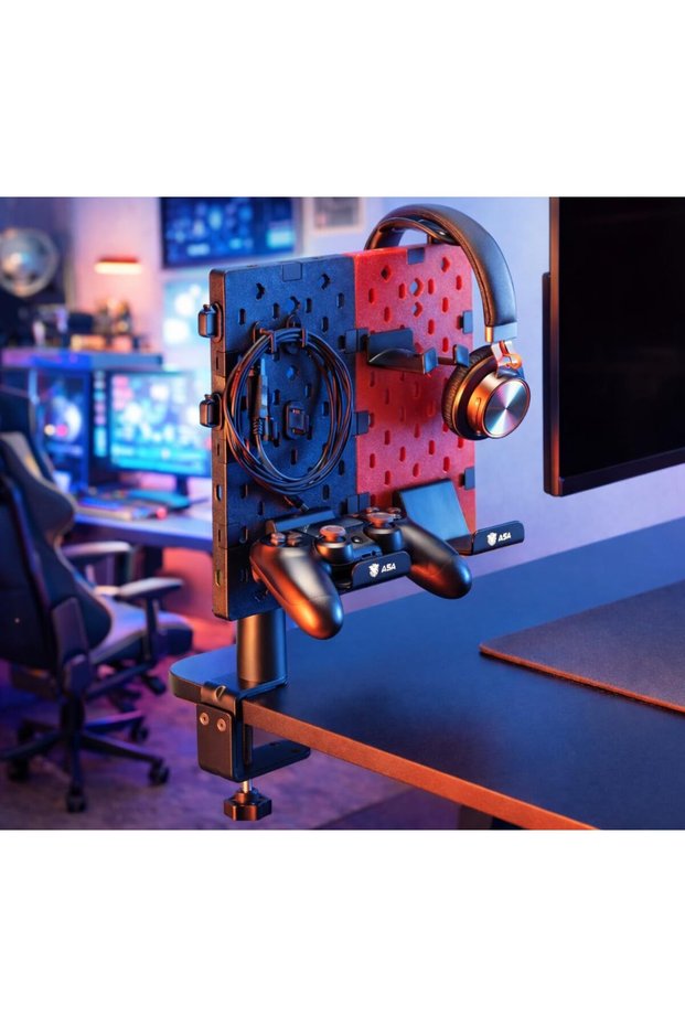 Modular Gaming Desk Organizer & Storage Kit - Rotating Desk Mount Pegboard with Universal Game Disc