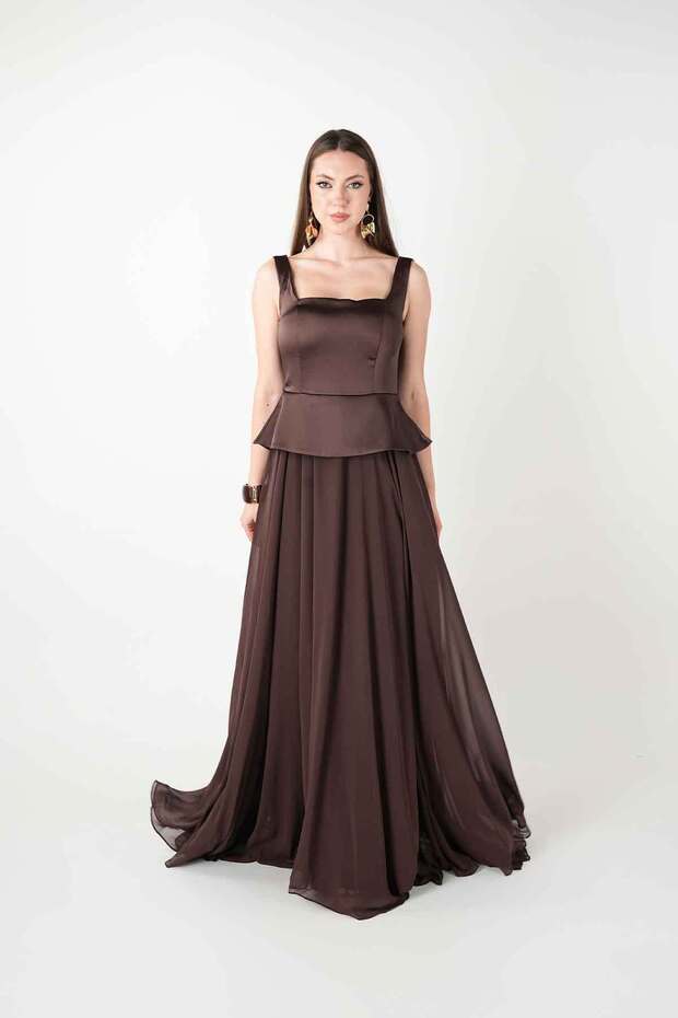 Top Satin Bottom Chiffon Designer Dress - Brown