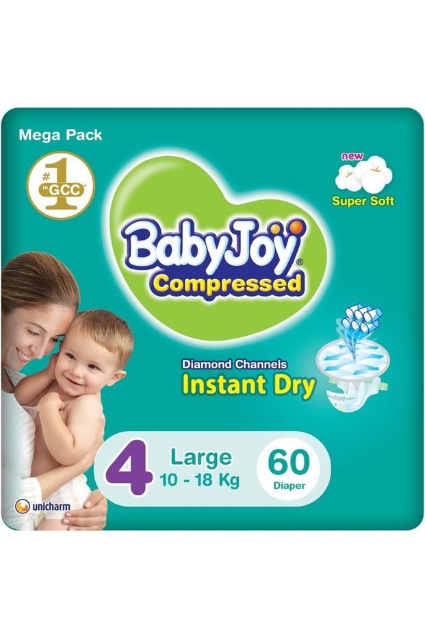 Compressed Diamond Pad, Size 4, Large, 10-18 Kg, Mega Pack, 60 Diapers