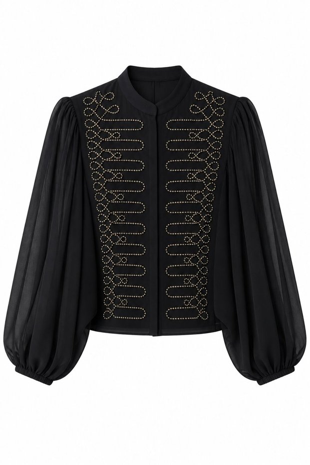 Black-Sleeved Sheer Chiffon Jacket - 4115