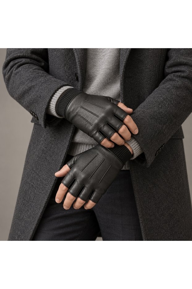 Black Faux Leather, Cut-Finger Gloves with Fur Lining for Men and Women
