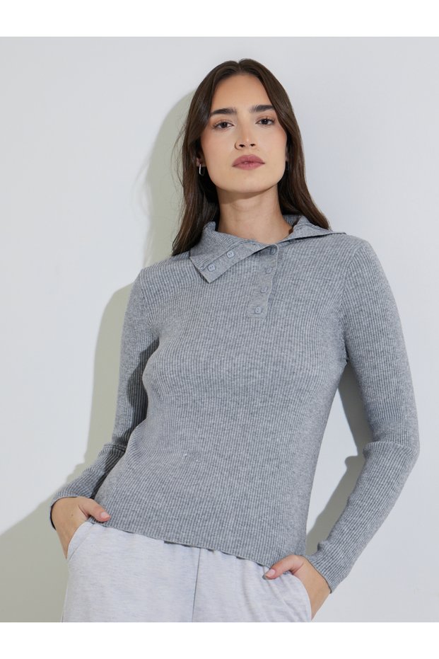 Grey Ribbed Knit Long Sleeves Asymmetric Collar Sweater