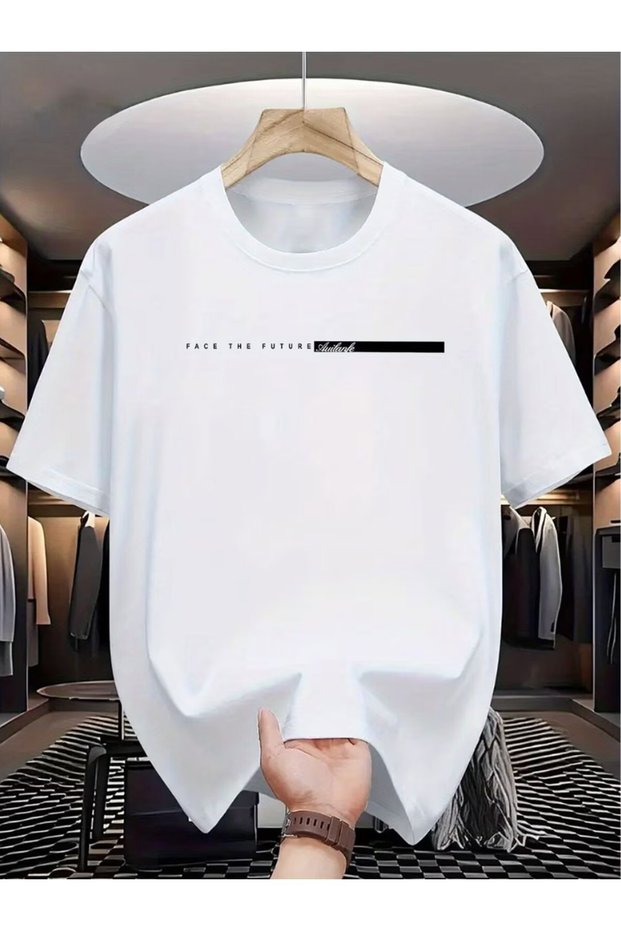 Men's "Face The Future" Printed T-Shirt, 100% Cotton, Regular Fit, Crew Neck - White