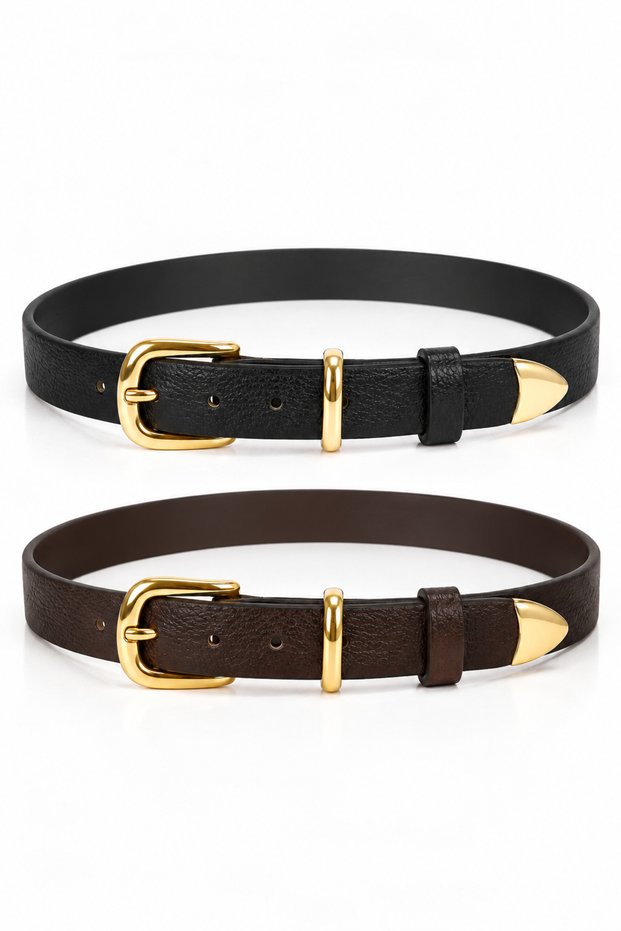 Genuine Leather Women's Belt with Gold Buckle and Metal Tips - 3 cm Belt for Jeans and Cloth Pants