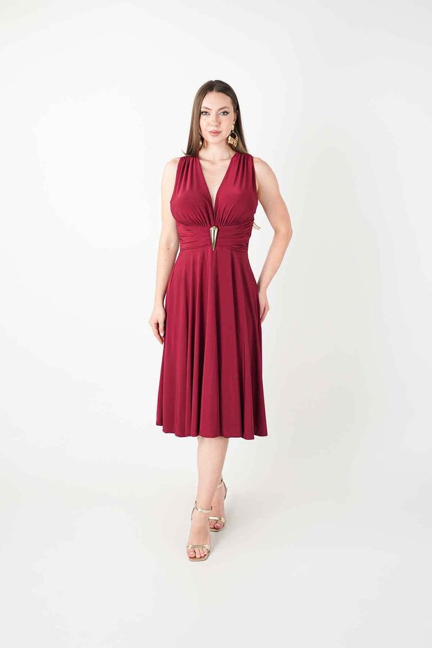 Jersey Fabric Back-Cross Detailed Midi Dress - Bordo