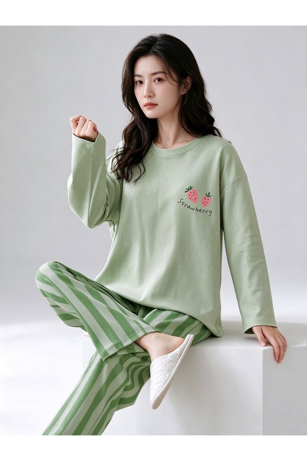 Green Striped Straight Leg Lounge Set with Long Sleeve Top