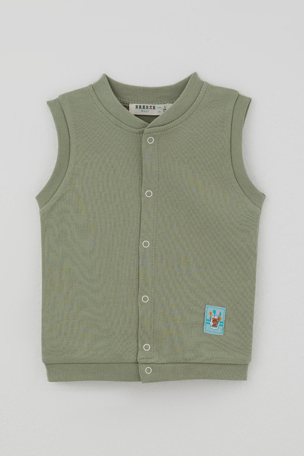 Boys' Baby Vest with Snap-Fastened Sleeves, Puff Sleeves, and Cute Teddy Bear Print Emblem, 4 Months – 1 Year, Khaki Green