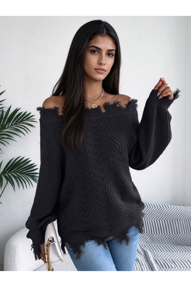 Black Knit Off-Shoulder Distressed Sweater