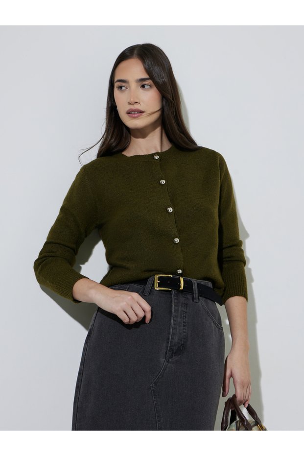 Olive Green Round Neck Long Sleeves Regular Fit Cardiagan