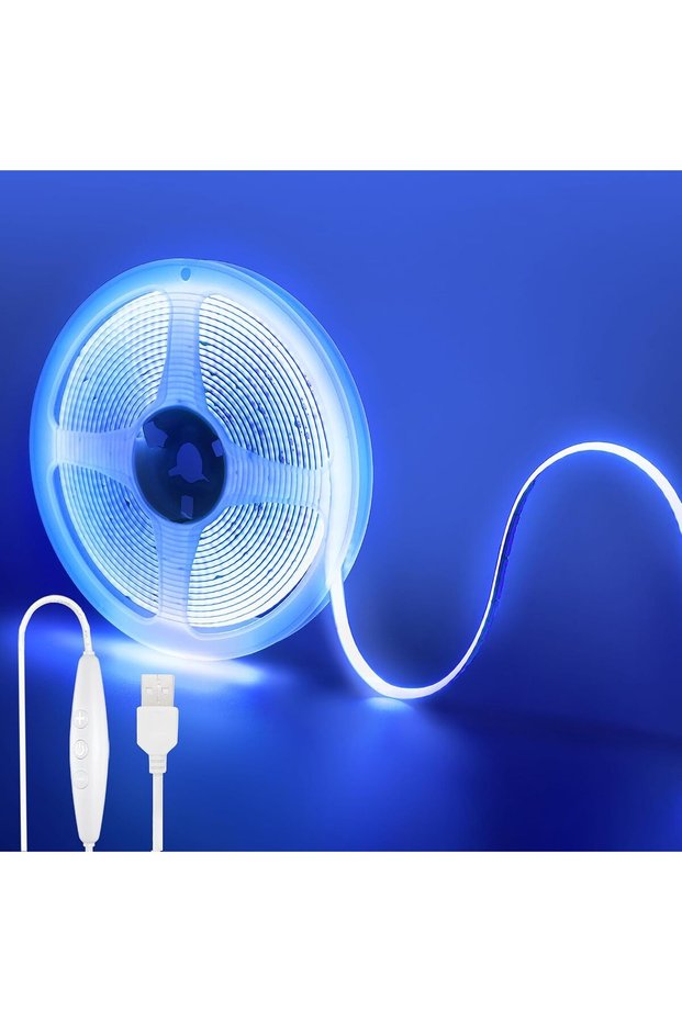 شريط إضاءة LED بتقنية COB يعمل بمنفذ USB بجهد 5 فولت، مع مفتاح للتحكم في شدة الإضاءة، طوله 9.84 قدم/3 أمتار، لونه أزرق، يحتوي على 320 مصباح LED لكل متر، وعرضه 8 ملم، وغير مقاوم للماء.