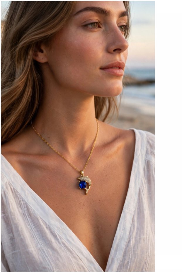 Dolphin Necklace - Blue Stone Dolphin Necklace - Gold Dolphin Necklace - Zircon Dolphin Necklace - Summer Seaside Necklace