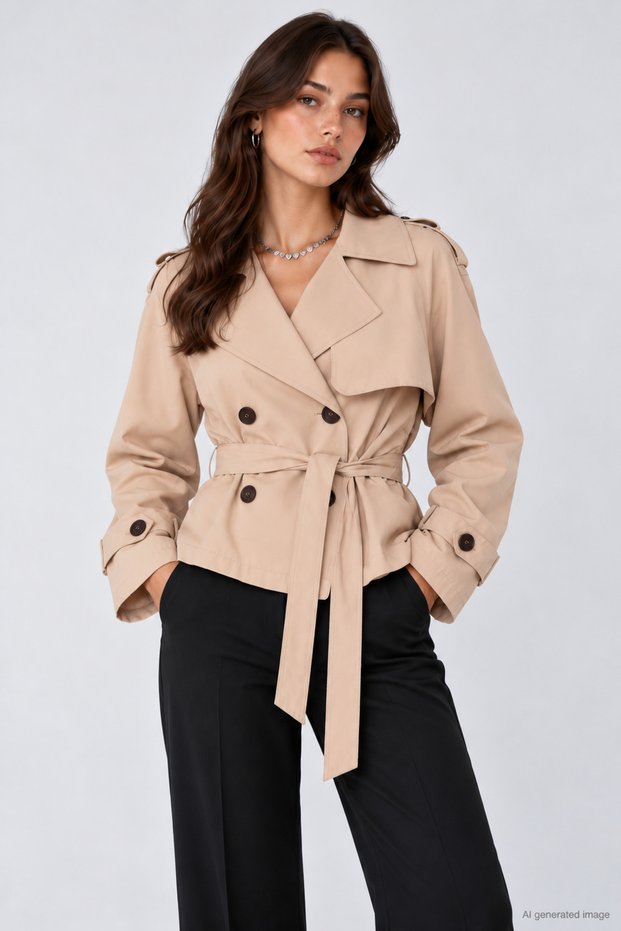 Women's Short Trench Coat with Buttons and a Belted Design