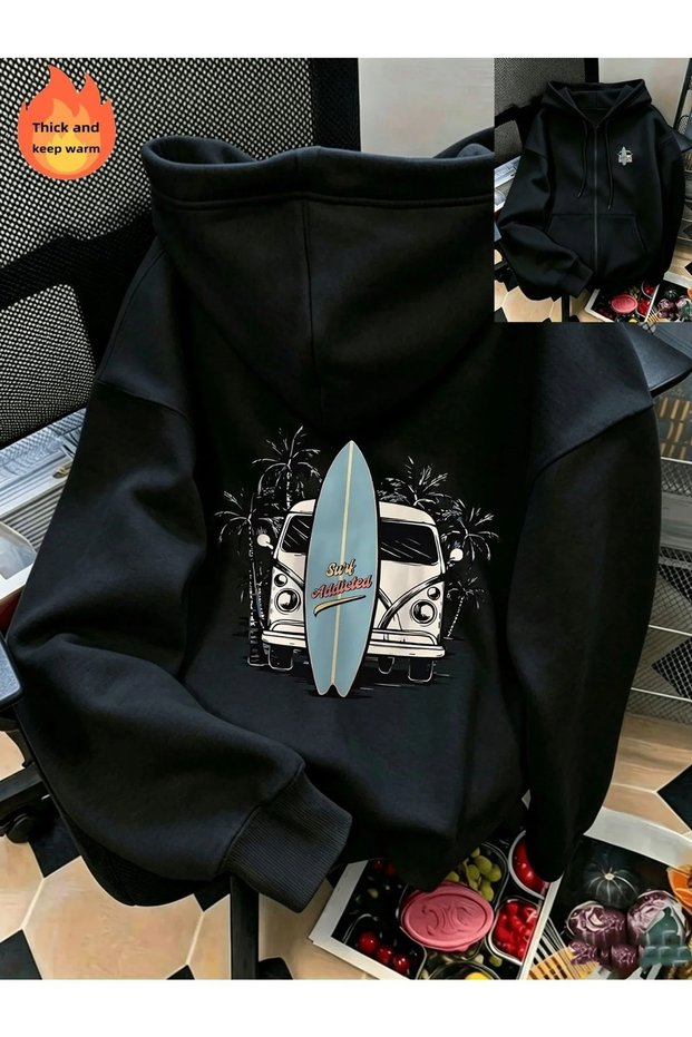 Cardigan - Black Printed Winter Oversized Hooded Zippered Pocketed Cardigan Unisex Clothing