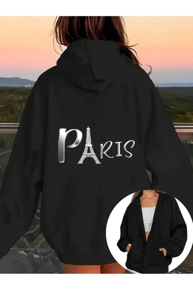 Cardigan - Black Printed Winter Oversized Hooded Zippered Pocketed Cardigan Unisex Clothing