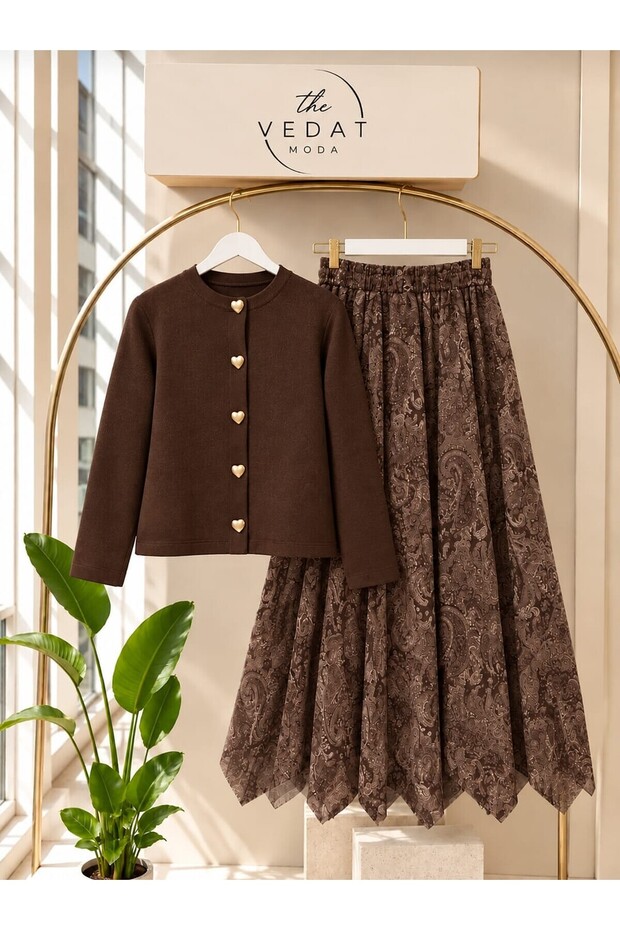Women's Knit Cardigan Set with Button Detail and Skirt -0550 BROWN