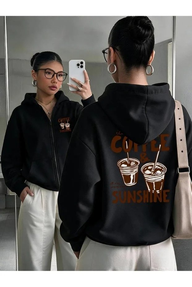 Cardigan - Black Printed Winter Oversized Hooded Zippered Pocketed Cardigan Unisex Clothing