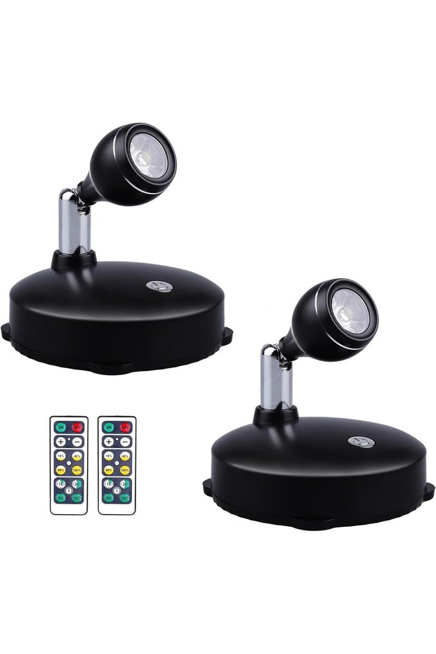 2 Pack LED Spotlight, Battery Operated Lights with Remote Control, Dimmable Mini Accent Lighting for