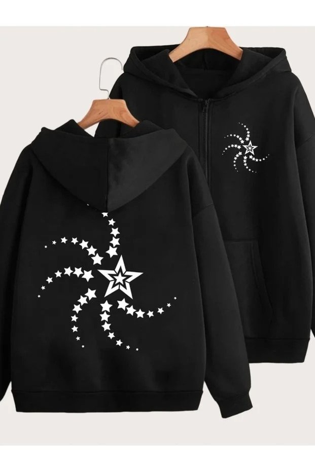 Cardigan - Black Printed Winter Oversized Hooded Zippered Pocketed Cardigan Unisex Clothing