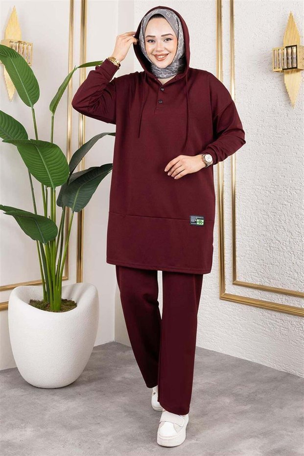 Snap Fastener Sports Suit Claret Red