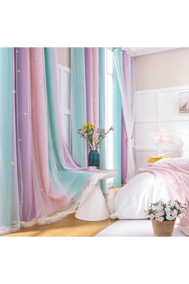 Curtains for Bedroom Decor, Rainbow PinkPuGreen-62-84