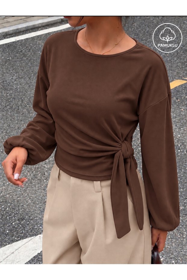 Cotton Side-Tie Balloon-Sleeve Blouse 0275