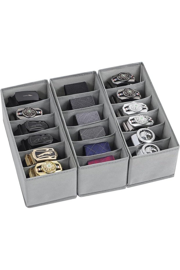 Fabric Belt Organizer 6 Grid 3 Pack Foldable 32x16x10cm Grey