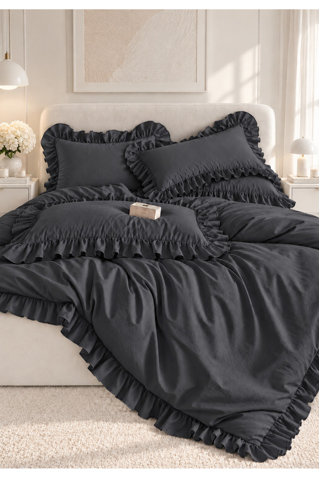 DOUBLE-SIZE ANTHRACITE RUFFLED BED SPREAD AND 2 PILLOWCASES