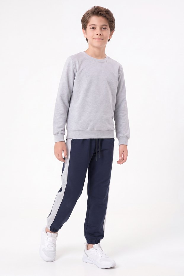 Boys' Round-Neck Sweatsuit Set with Striped Detail