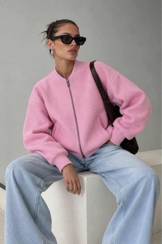 New Season Women's Plush Jacket with Pocket Detail and a Stand-Up Collar and Zipper 52108018
