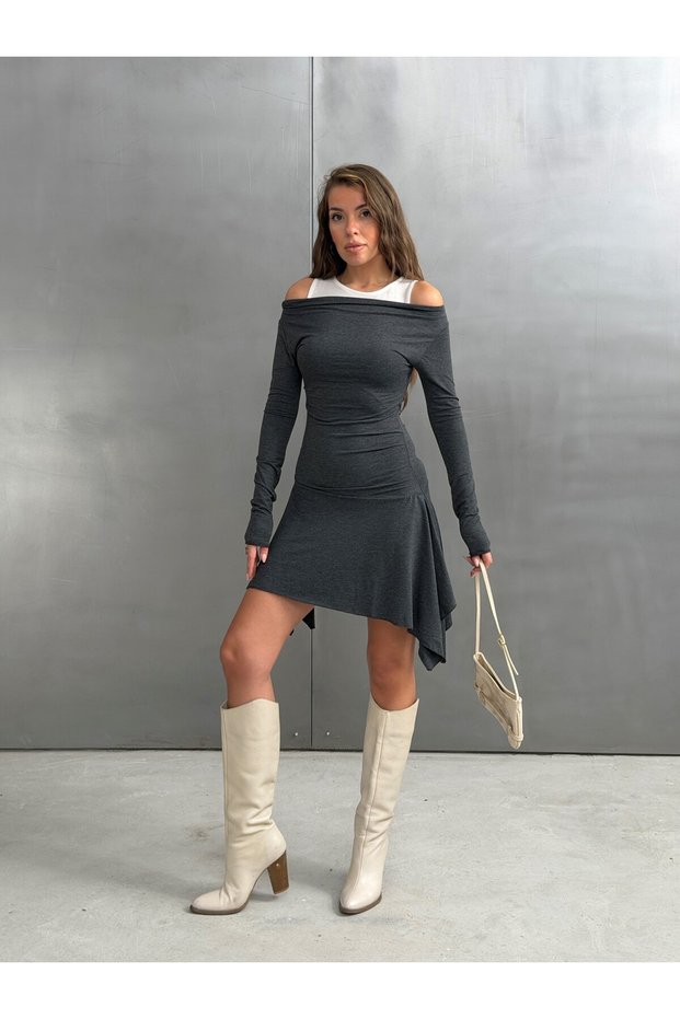 Women's Off-the-Shoulder Asymmetrical Dress in Anthracite – Tank Top Neckline, Long Sleeves, Mini-Length Dress