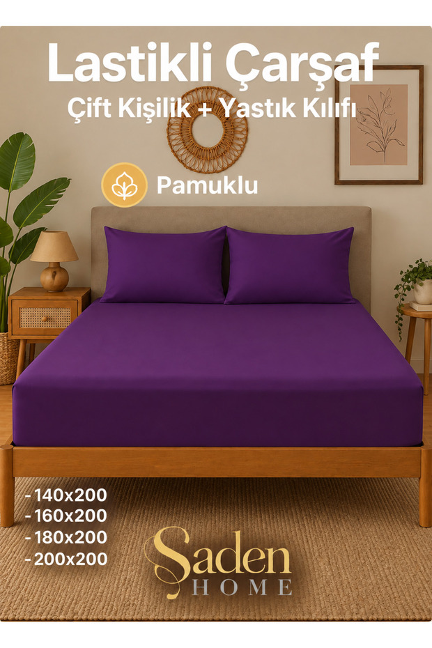 PURPLE ELASTIC BED SHEET + PILLOWCASE SET, COTTON RANFORCE FABRIC
