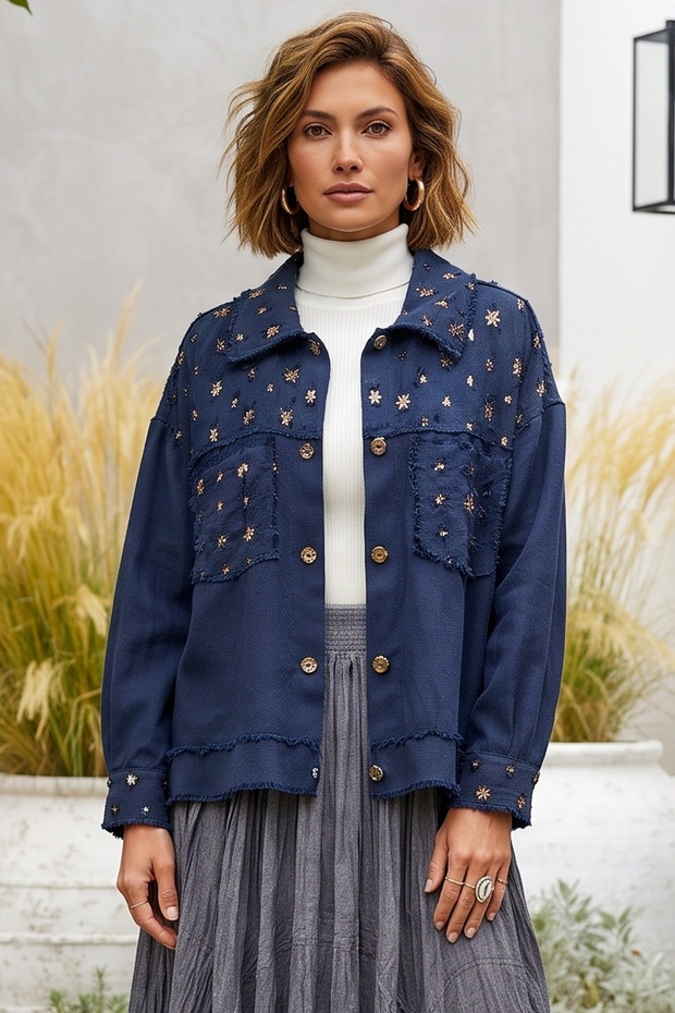 Italian Navy Blue Gabardine Woven Jacket with Cuffs, Metal Buttons, and Washed Sequins 70 65