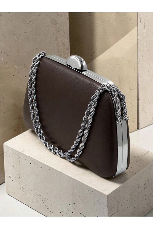 Brown Matte Leather Chain-Accented Women's Evening Clutch Purse with Silver Accents for Weddings and Engagements