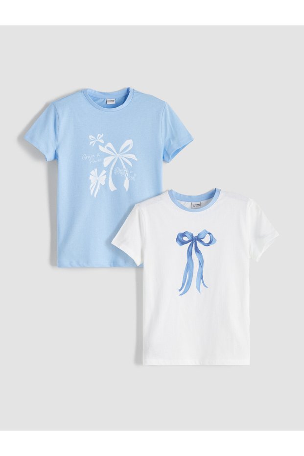 Two Mt Shop Quality Lcw Kids White Oval Collar Bowknot Printed Girls' T-Shirt 2-Pack