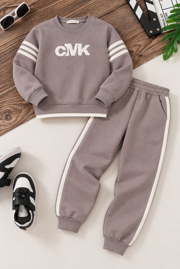 Taba Boys' Summer Embroidered Crew-Neck Sweatsuit Set with Zipper 25055