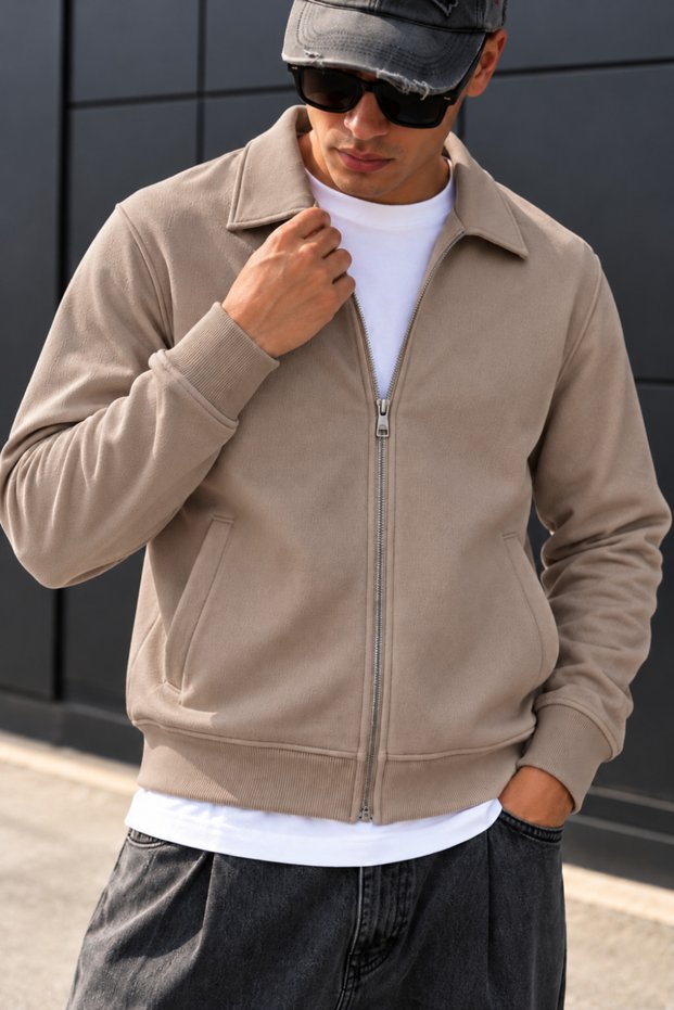 Men's Coffee-Colored Polo Collar Zipper Jacket