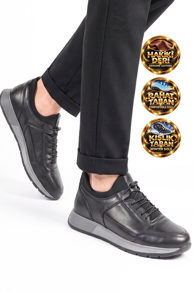 Black Genuine Leather Men's Casual Sneakers with Rubber Laces 42158