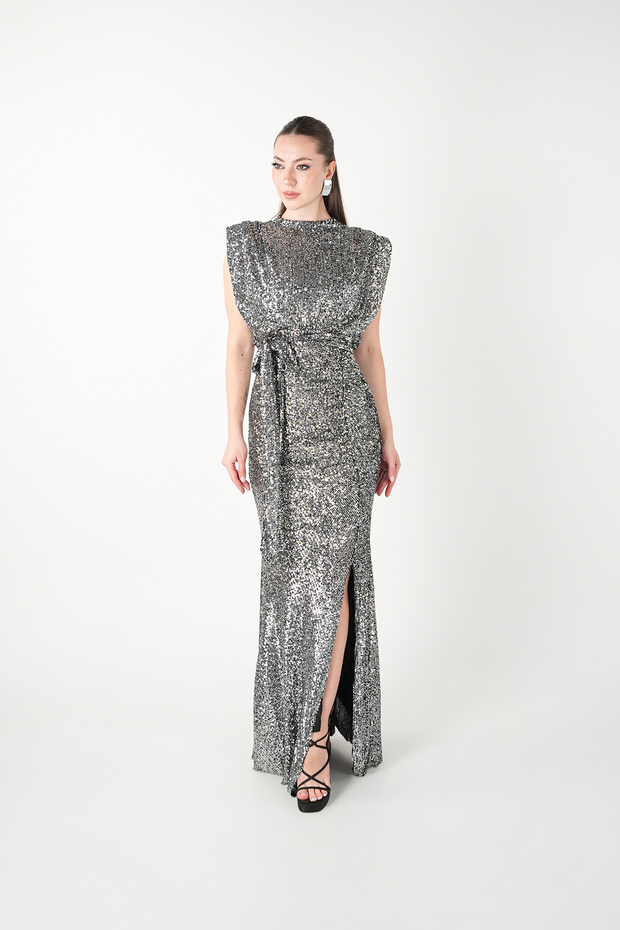 Sequin Fabric Evening Dress with Drawstring Detail - Silver